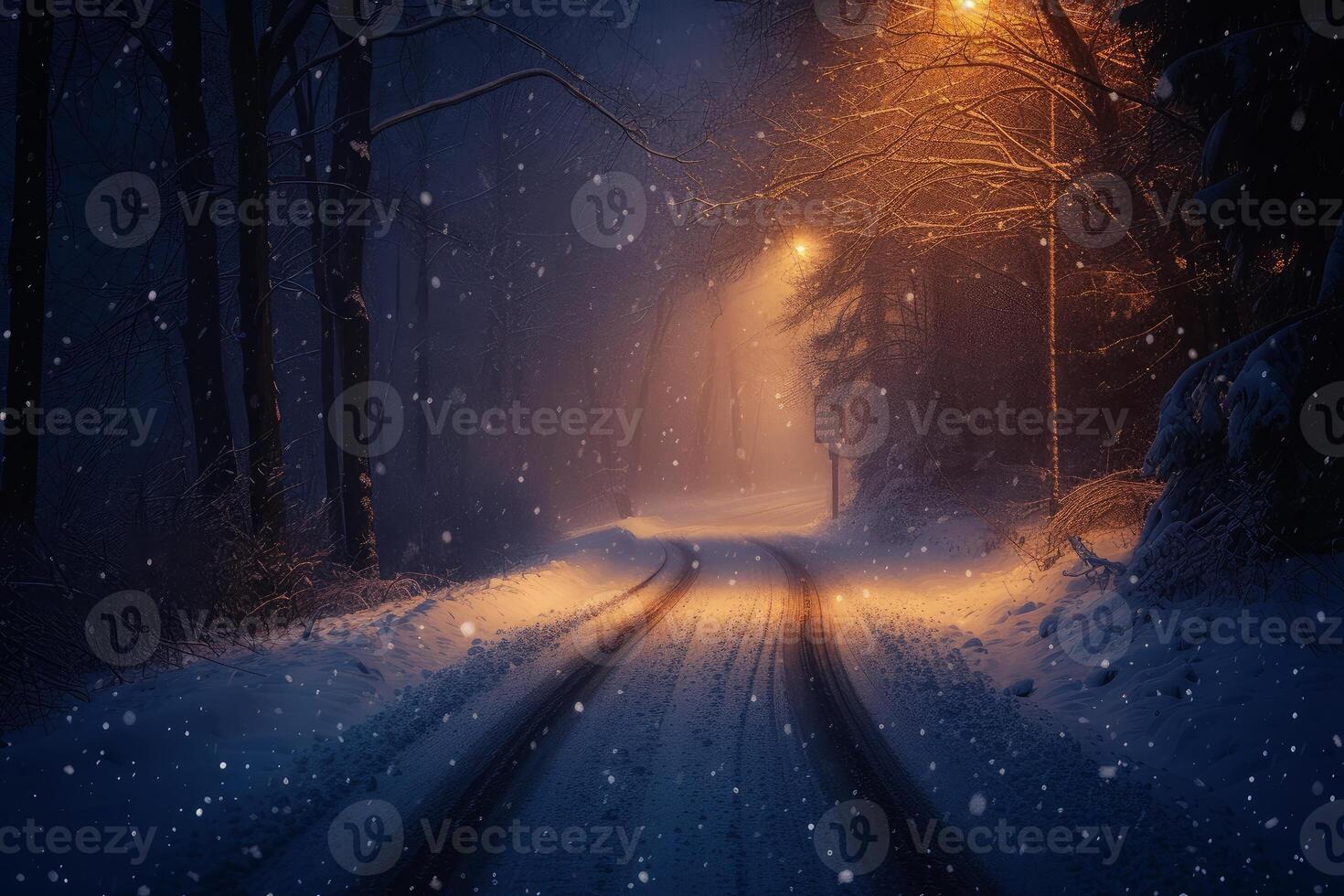 Mesmerizing snowy road illuminated by warm street lights in a tranquil forest setting photo