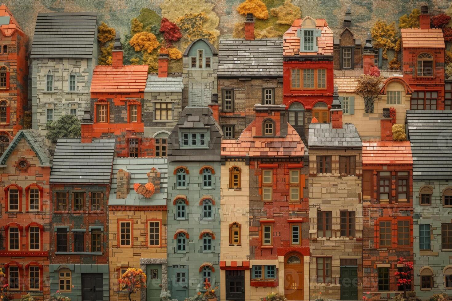 Artistic rendering of a vibrant, detailed european-style miniature cityscape with colorful buildings photo