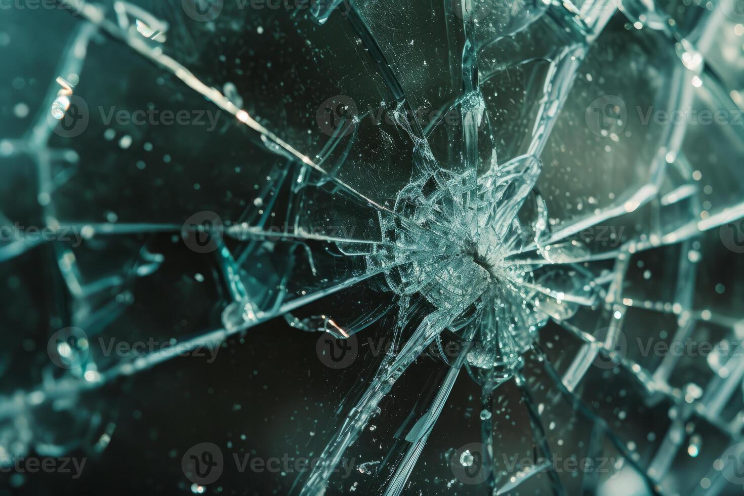 Shattered glass texture with focus on impact point photo