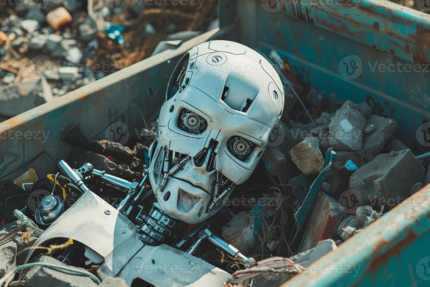 Discarded robot head in junkyard photo