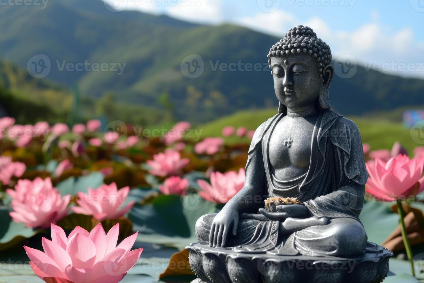 Serene buddha statue amidst lotus flowers photo