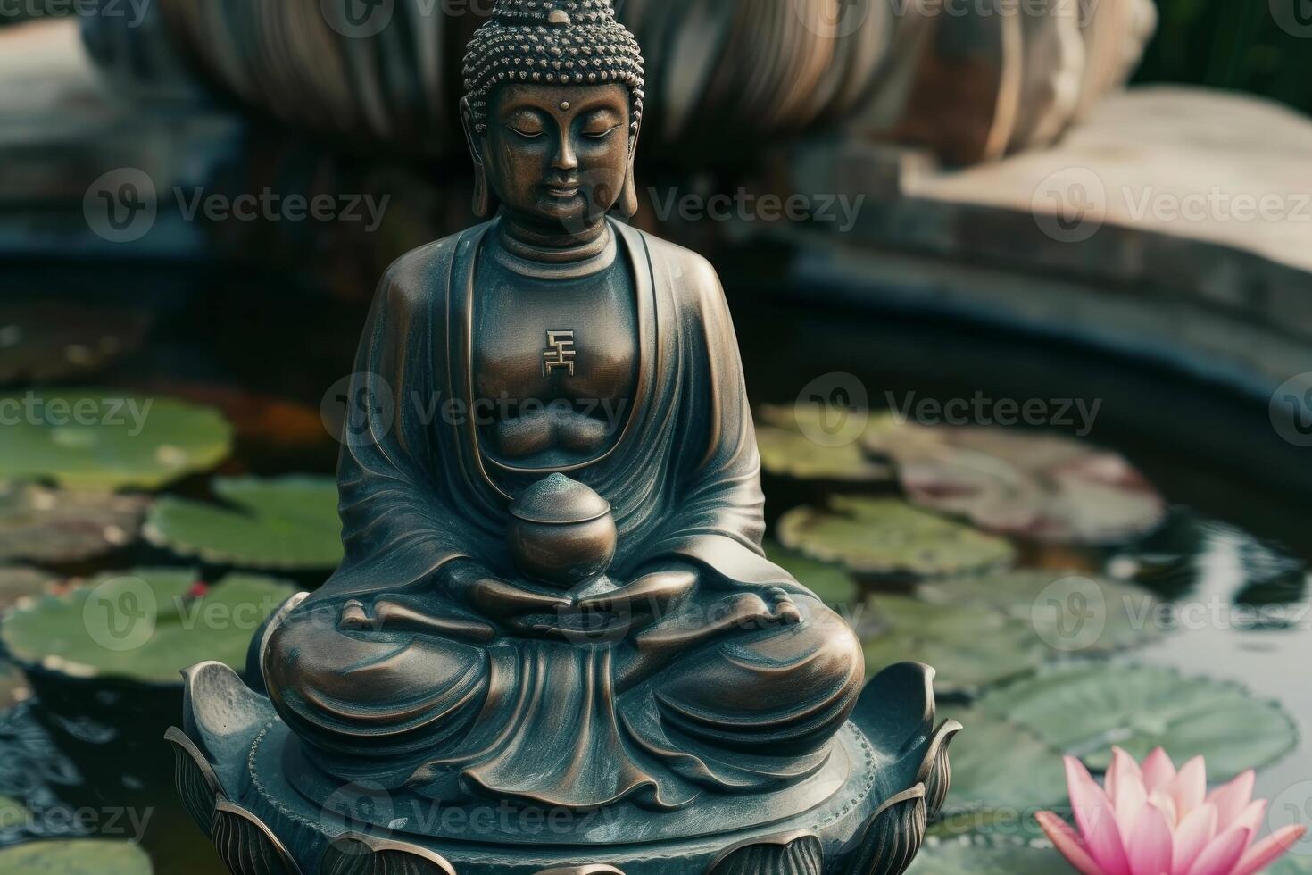 Serene buddha statue on lotus in water photo