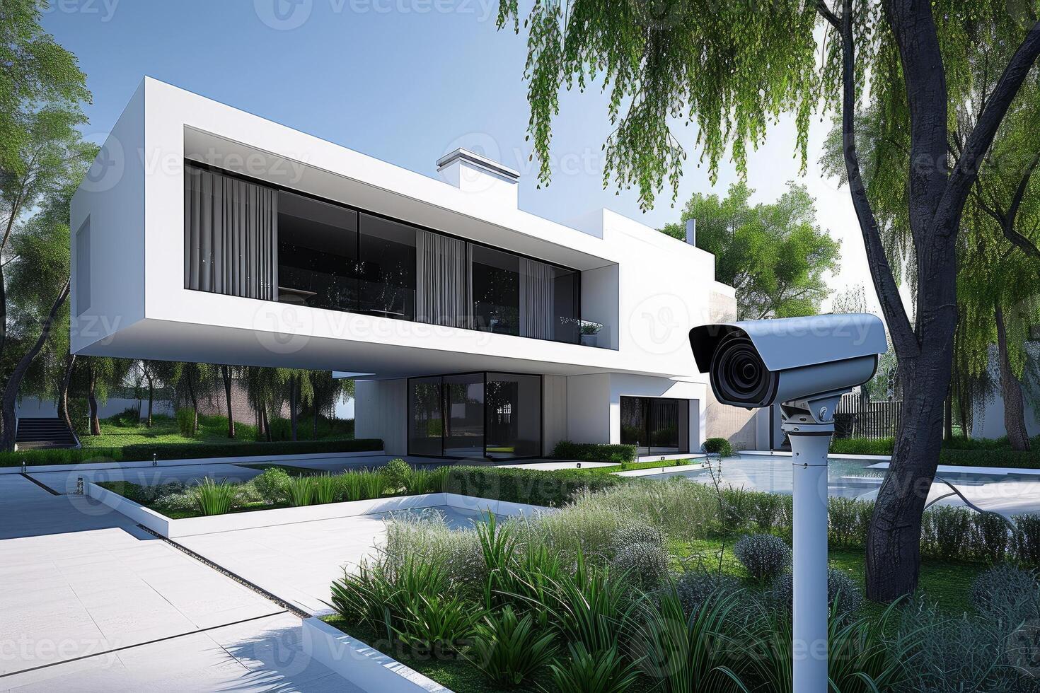 Modern home security surveillance system overlooking luxury villa photo