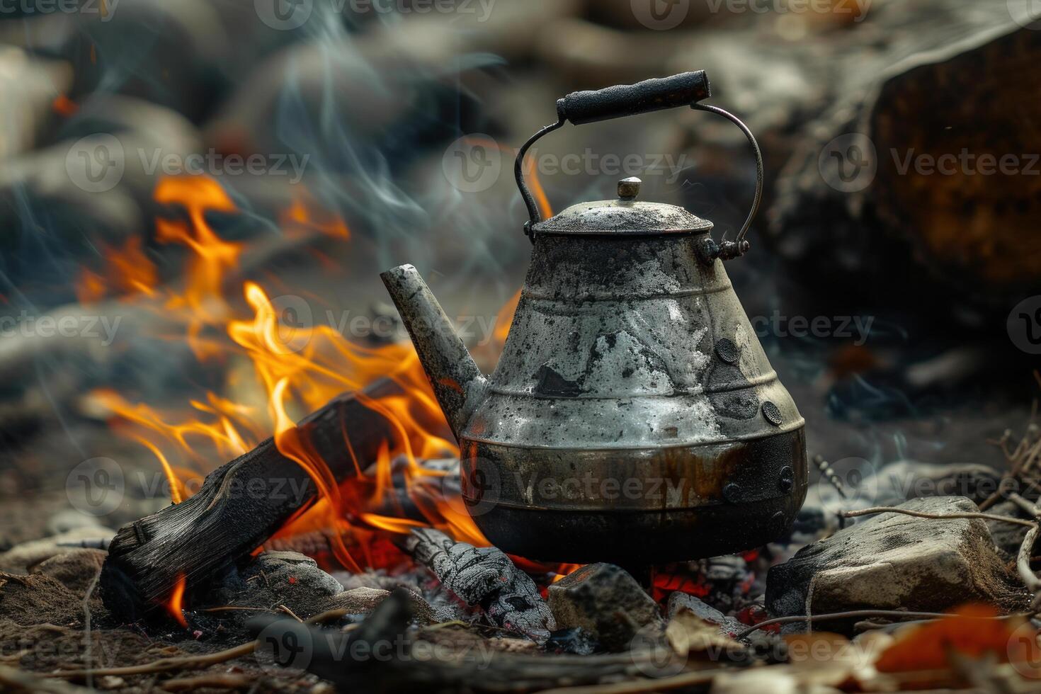 Vintage kettle boiling over campfire in the wild photo