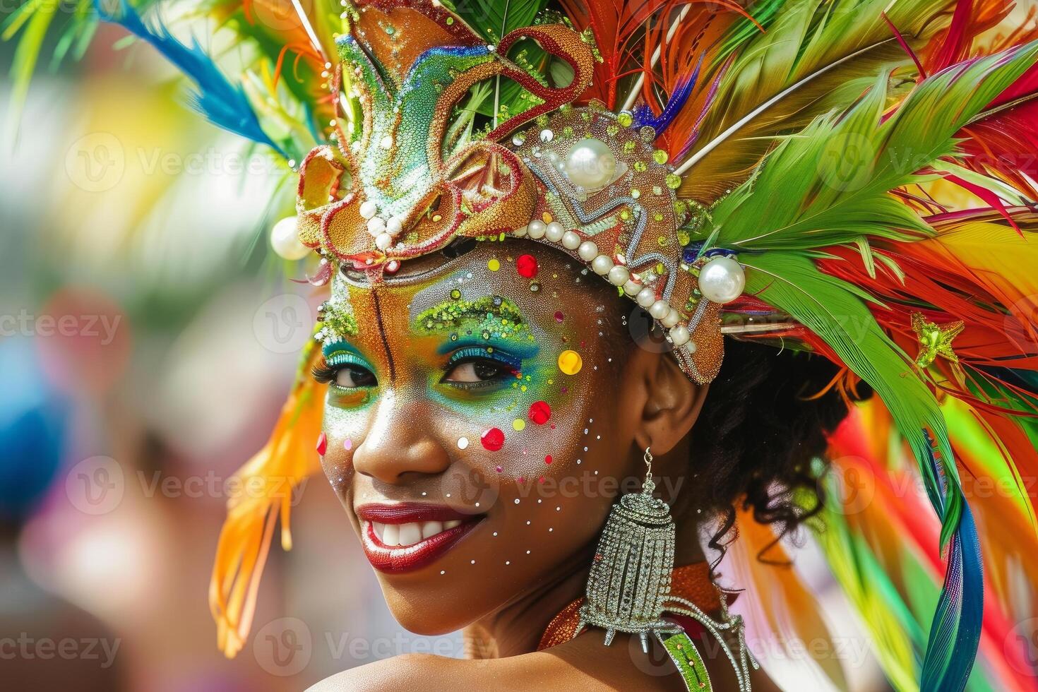 Closeup of a smiling woman adorned with colorful feathers and glitter at a festive carnival event photo