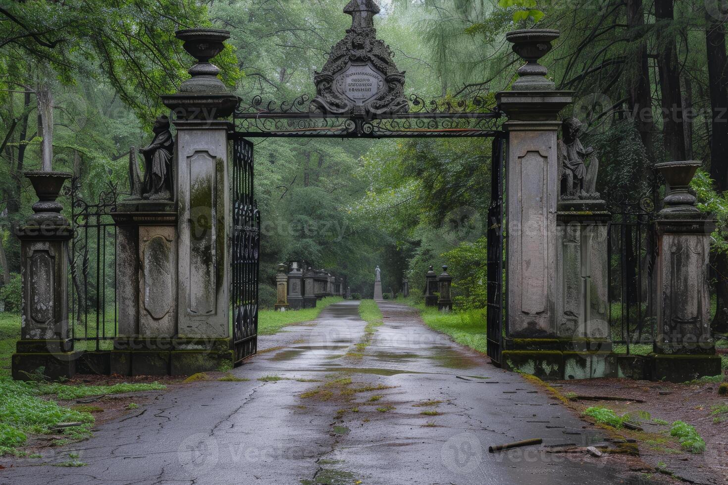 Majestic vintage cemetery gates surrounded by misty forest photo