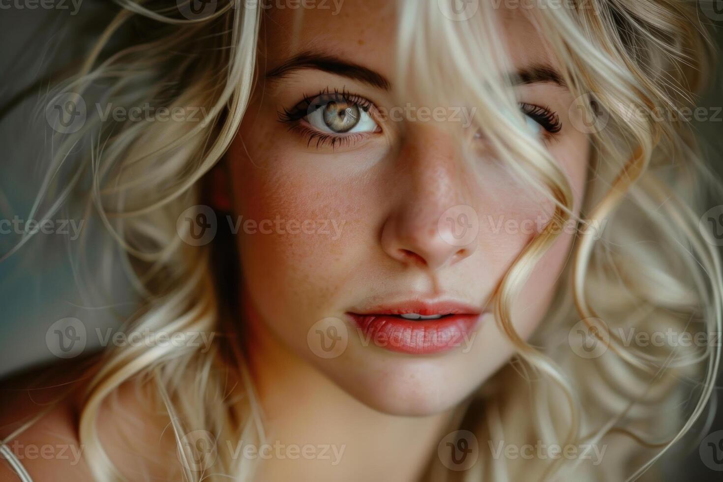 Closeup portrait of a young woman with blonde hair and captivating eyes photo