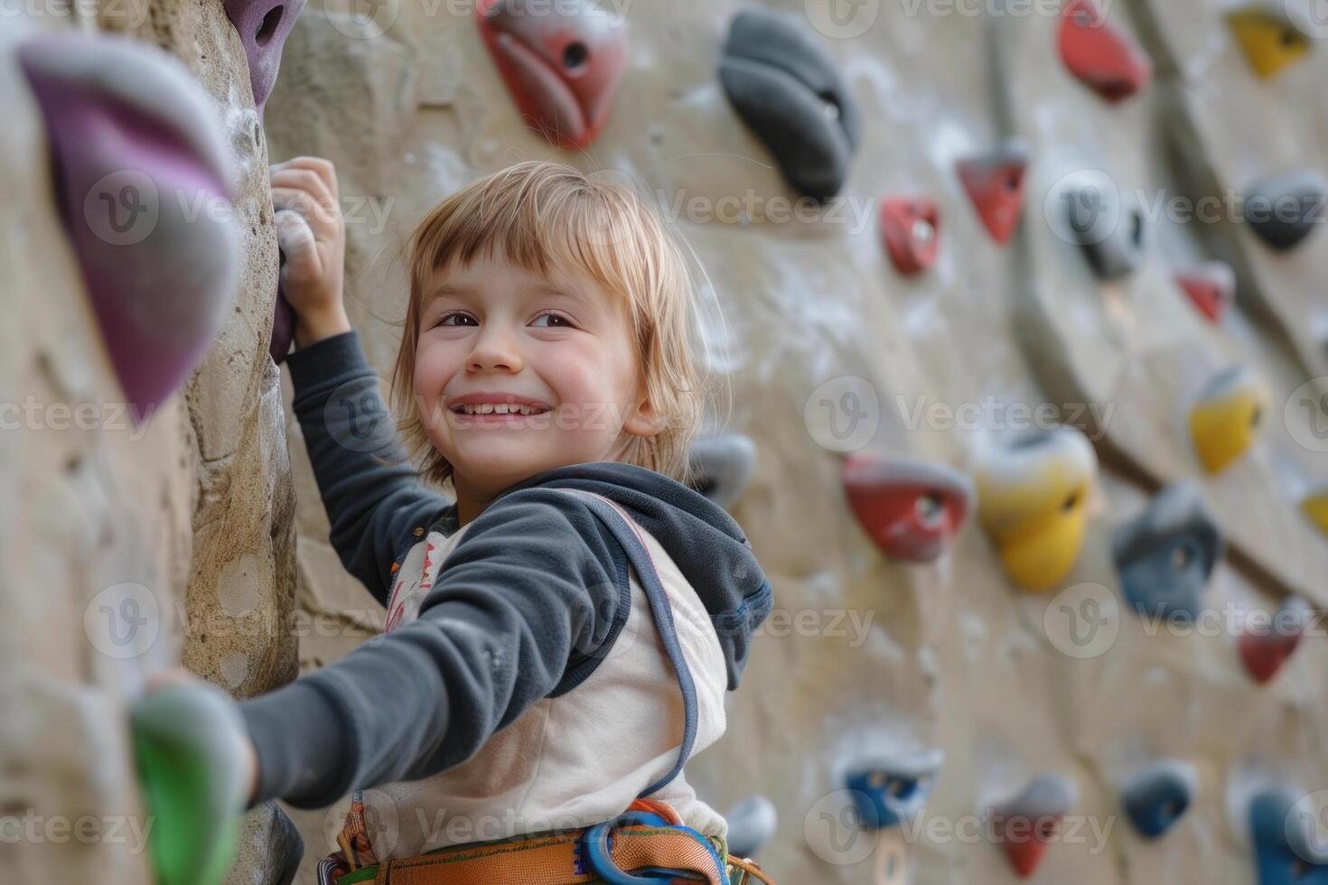 Happy child climbing on artificial rock wall photo