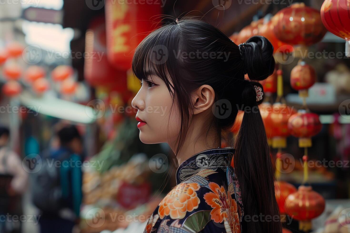 Young woman in traditional attire at lantern street photo