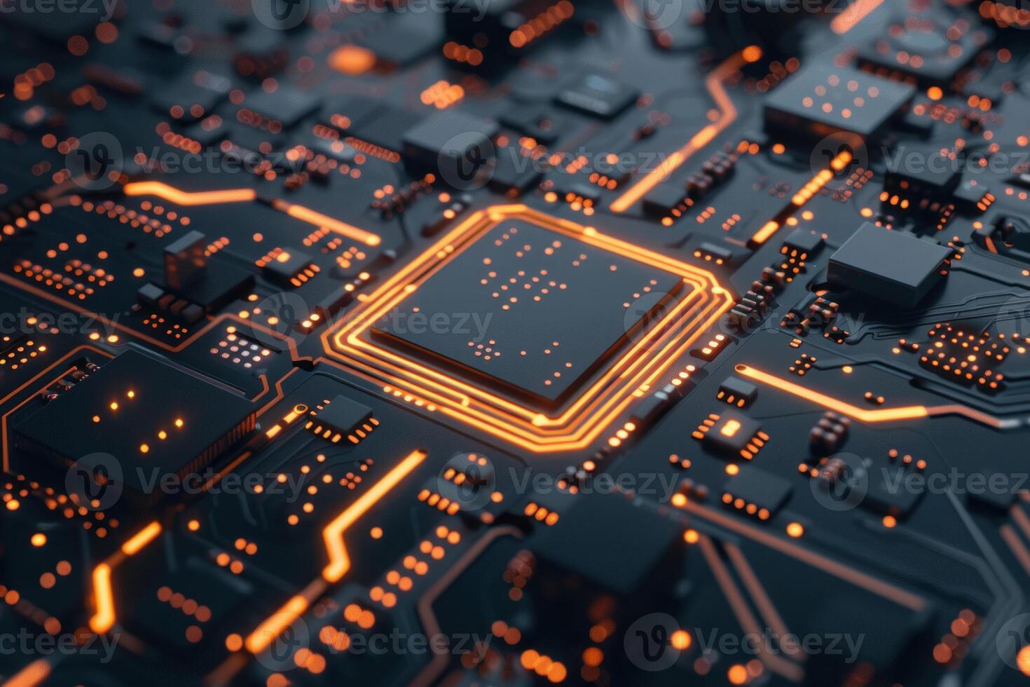 Futuristic circuit board with glowing processor photo