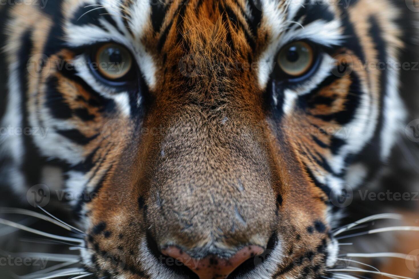 Detailed closeup of a tiger's face, capturing its captivating eyes and patterns photo