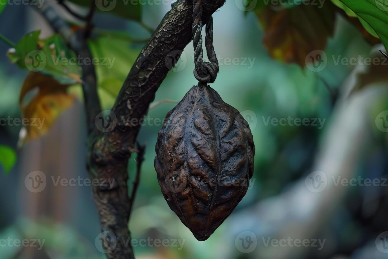 Hanging cocoa pod on tree branch photo