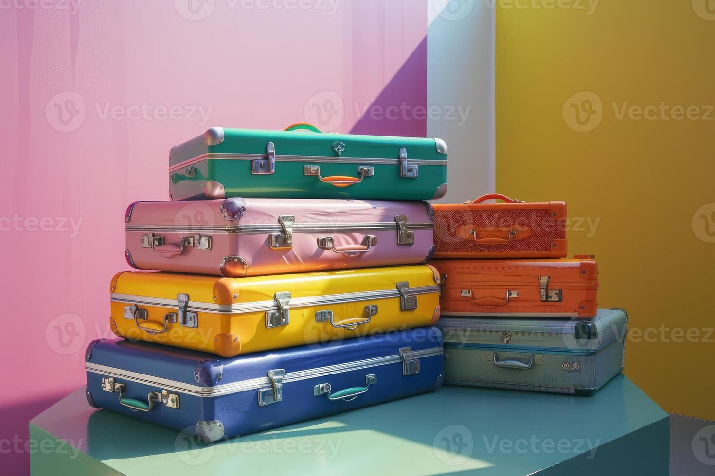 Colorful vintage suitcases stacked against pastel background photo