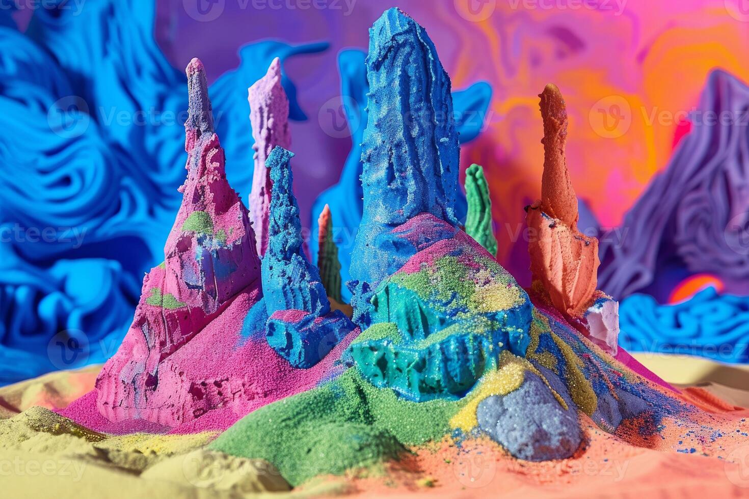Colorful kinetic sand sculpted into a miniature mountain range with a rainbow background photo