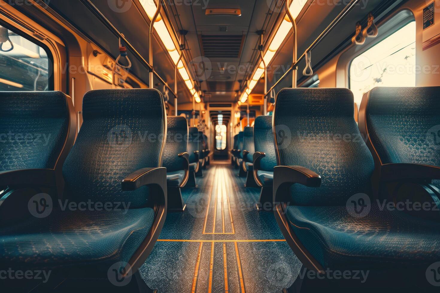 Empty train interior during sunset photo