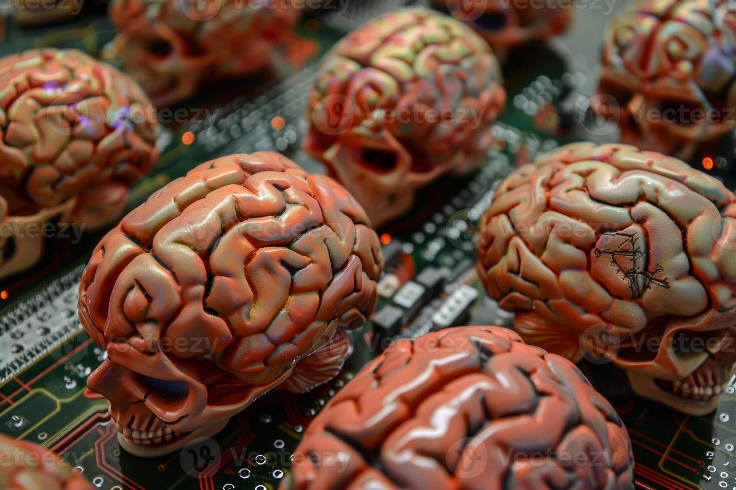 Circuit board with brain textured skulls concept photo