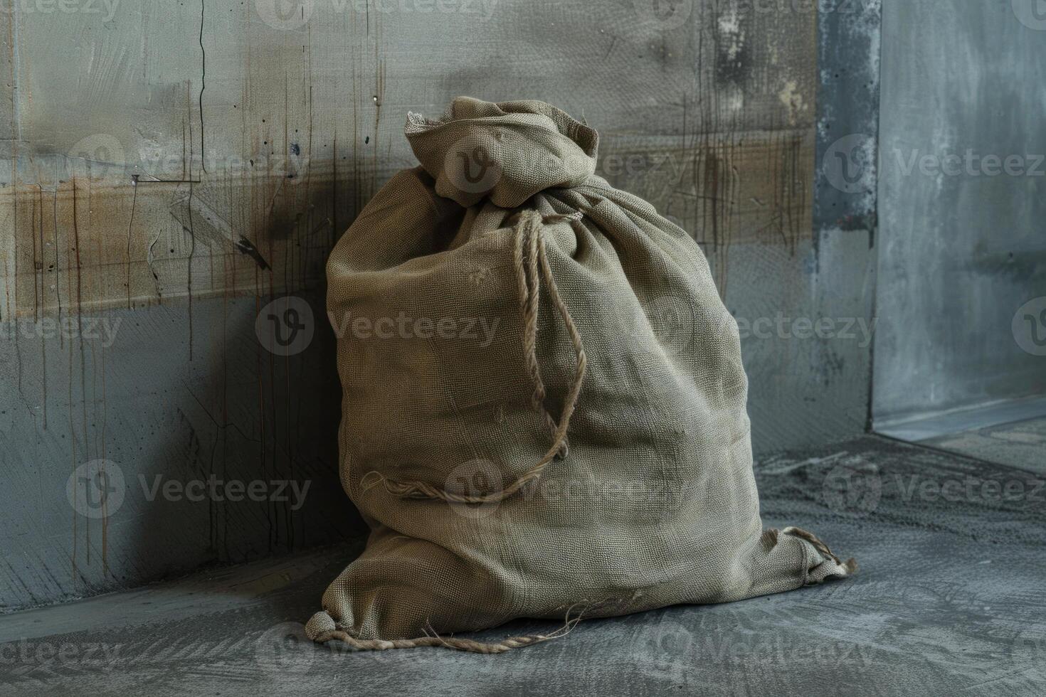 Burlap sack on rustic background photo