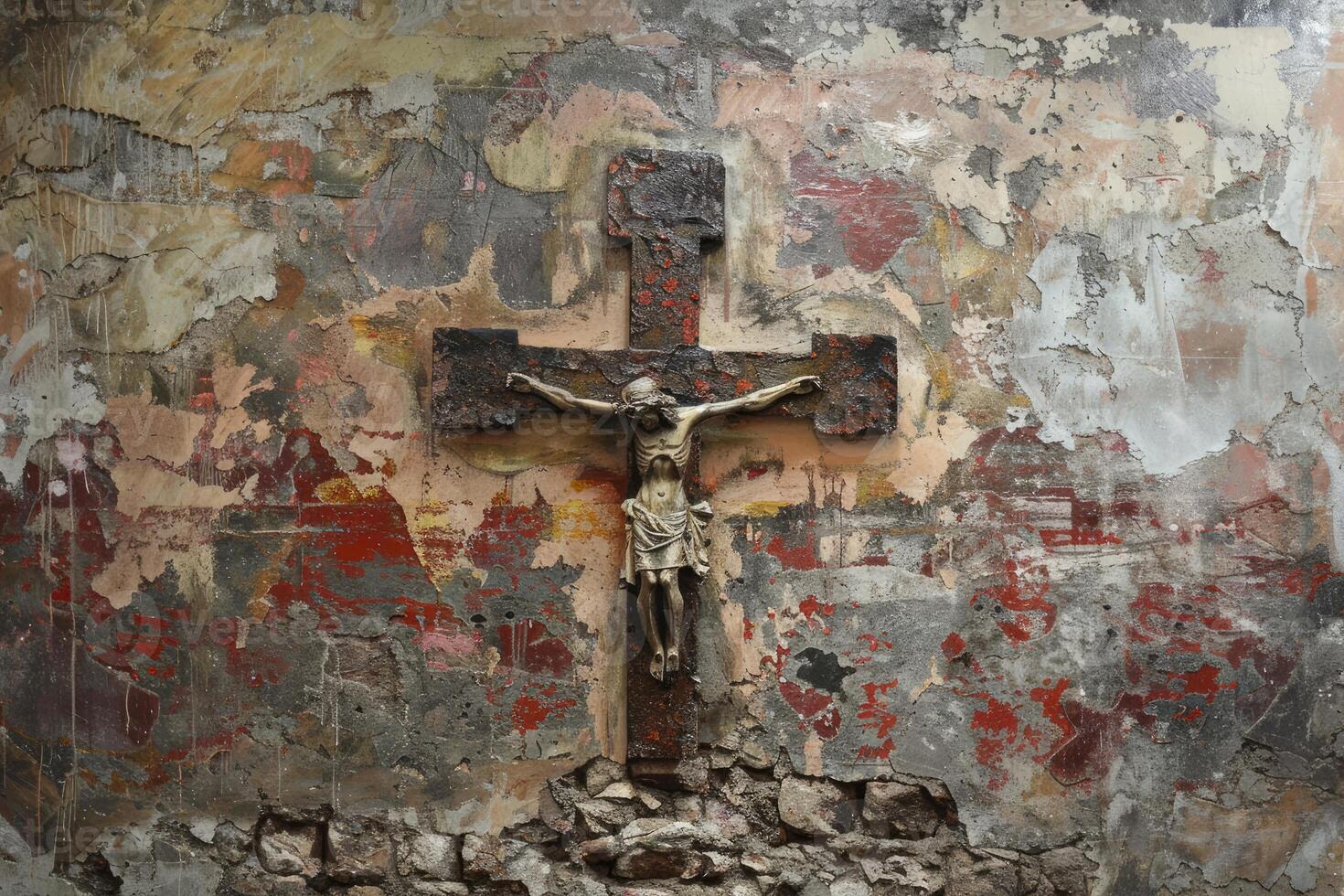 Ancient crucifix on weathered church wall photo