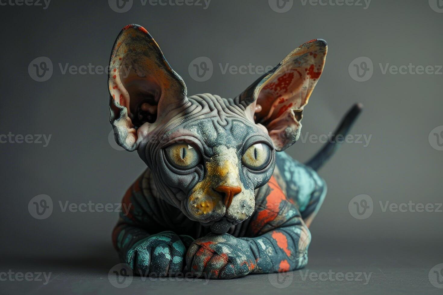 Whimsical painted sphynx cat figurine on gray background photo