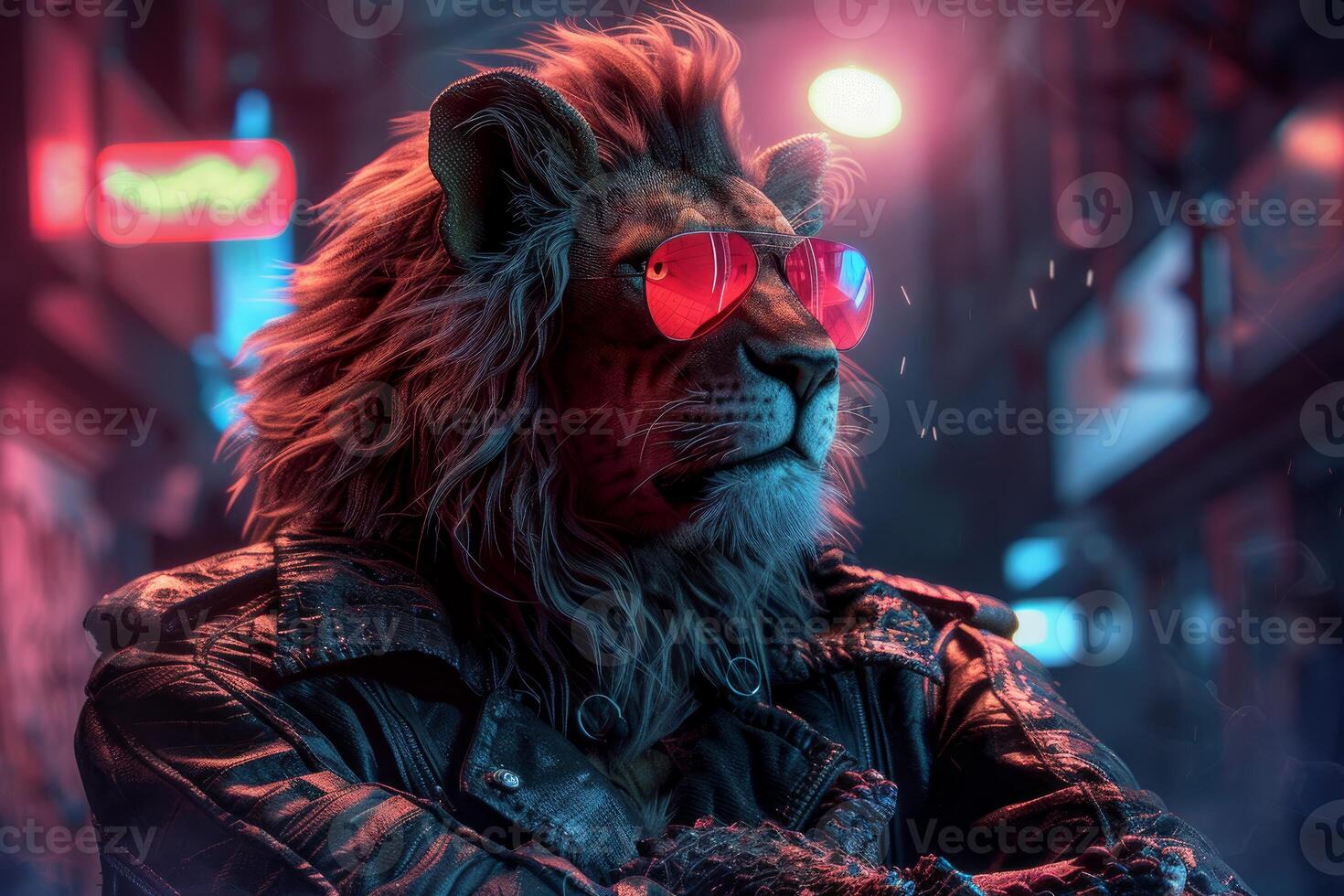 Cyberpunk lion in neon cityscape photo