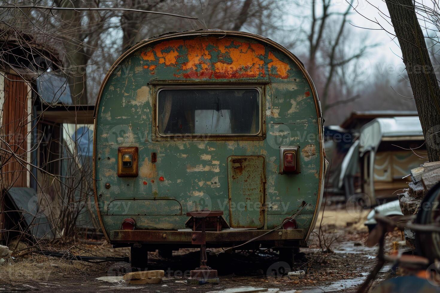 Vintage rusty caravan in a dilapidated setting photo