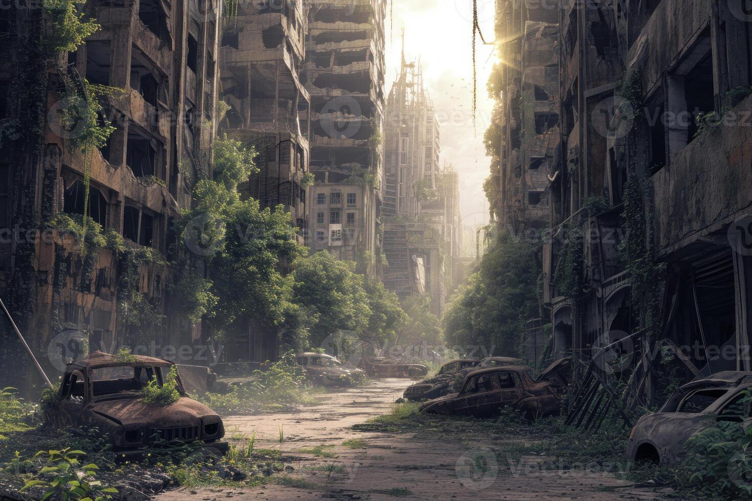 Haunting image of a deserted city reclaimed by nature, showcasing a dystopian beauty photo
