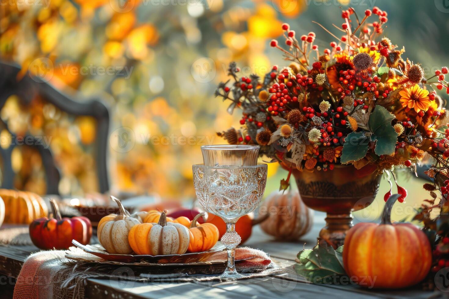 Autumn harvest table setting with festive decor photo