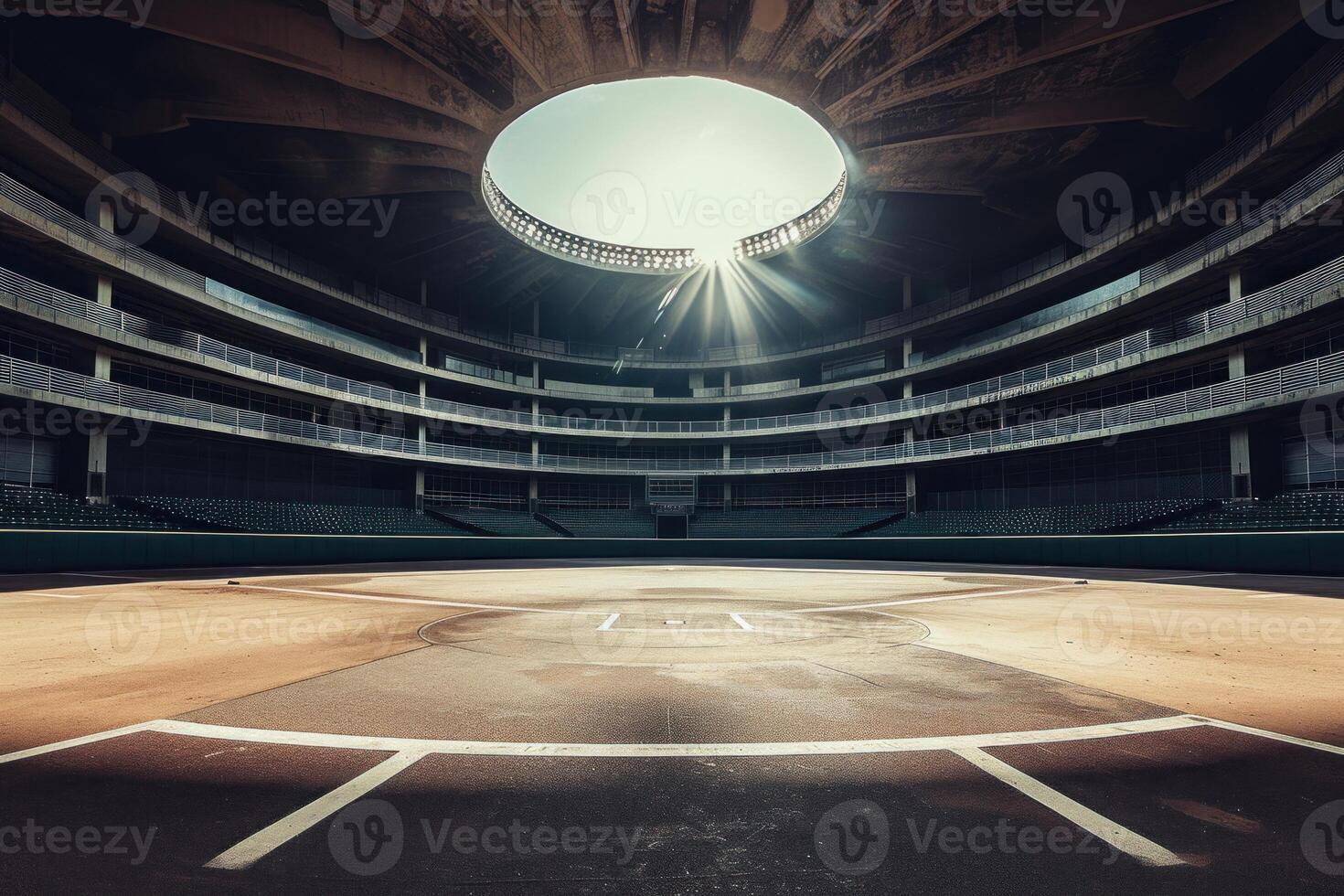 Deserted stadium basked in sunlight penetrating through an open roof photo