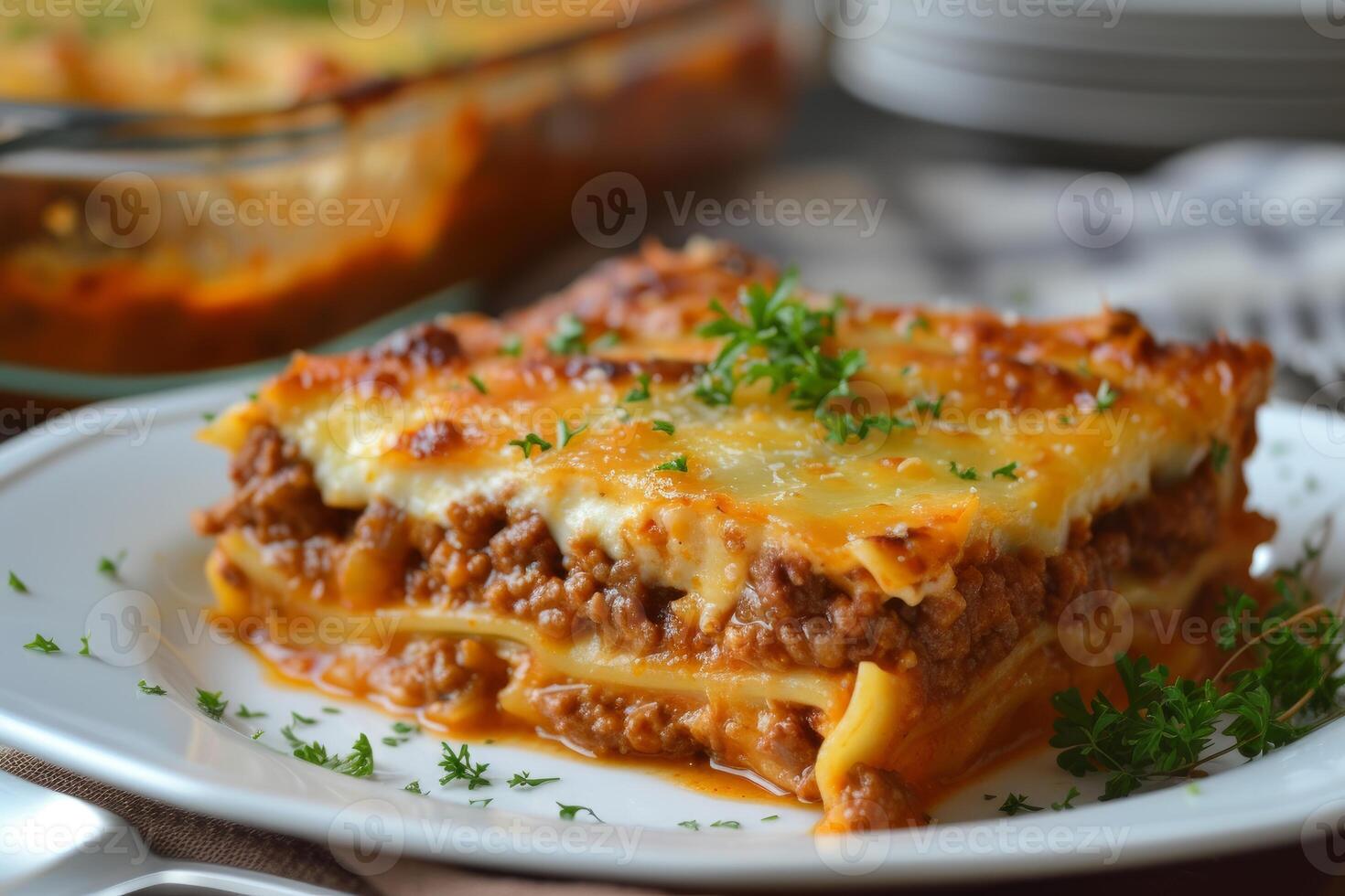Cheesy Beef lasagne food. Generate Ai photo