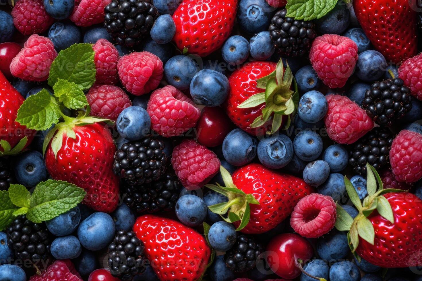 Top view of a colorful mix of raspberries, blueberries, and strawberries with mint garnish photo