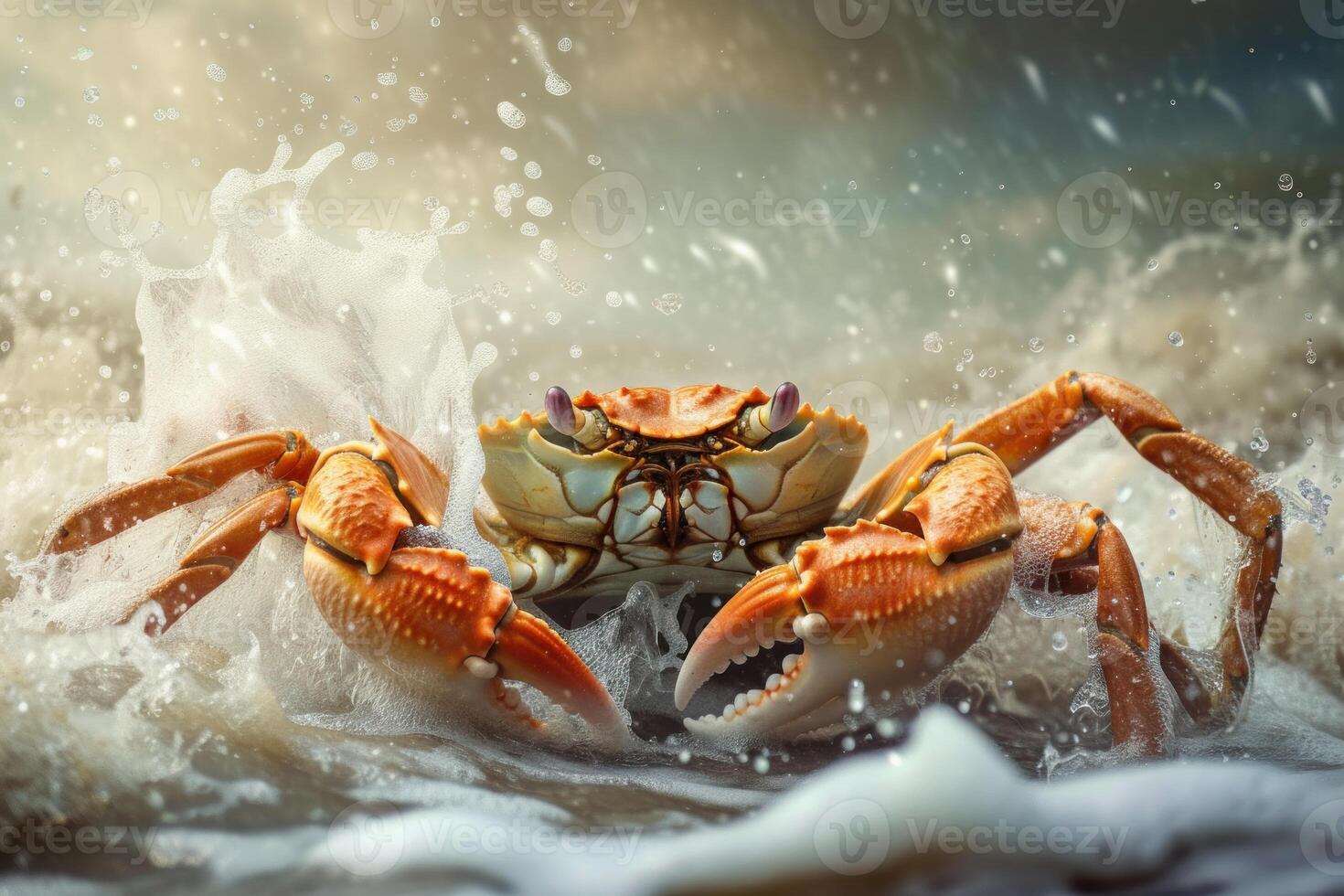 Aquatic Big crab baby walking on sea waves. Generate AI photo
