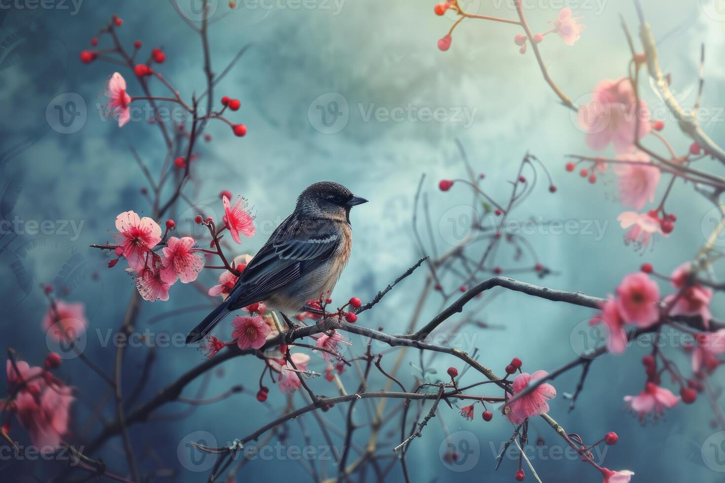 Natural Bird branch flower. Generate Ai photo