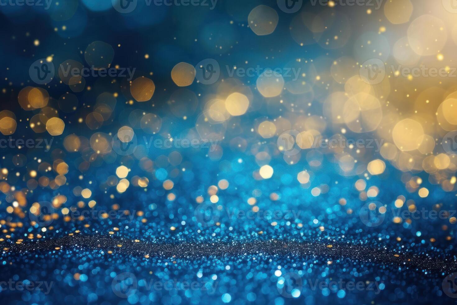Abstract sparkling blue and gold bokeh lights for festive backdrop photo