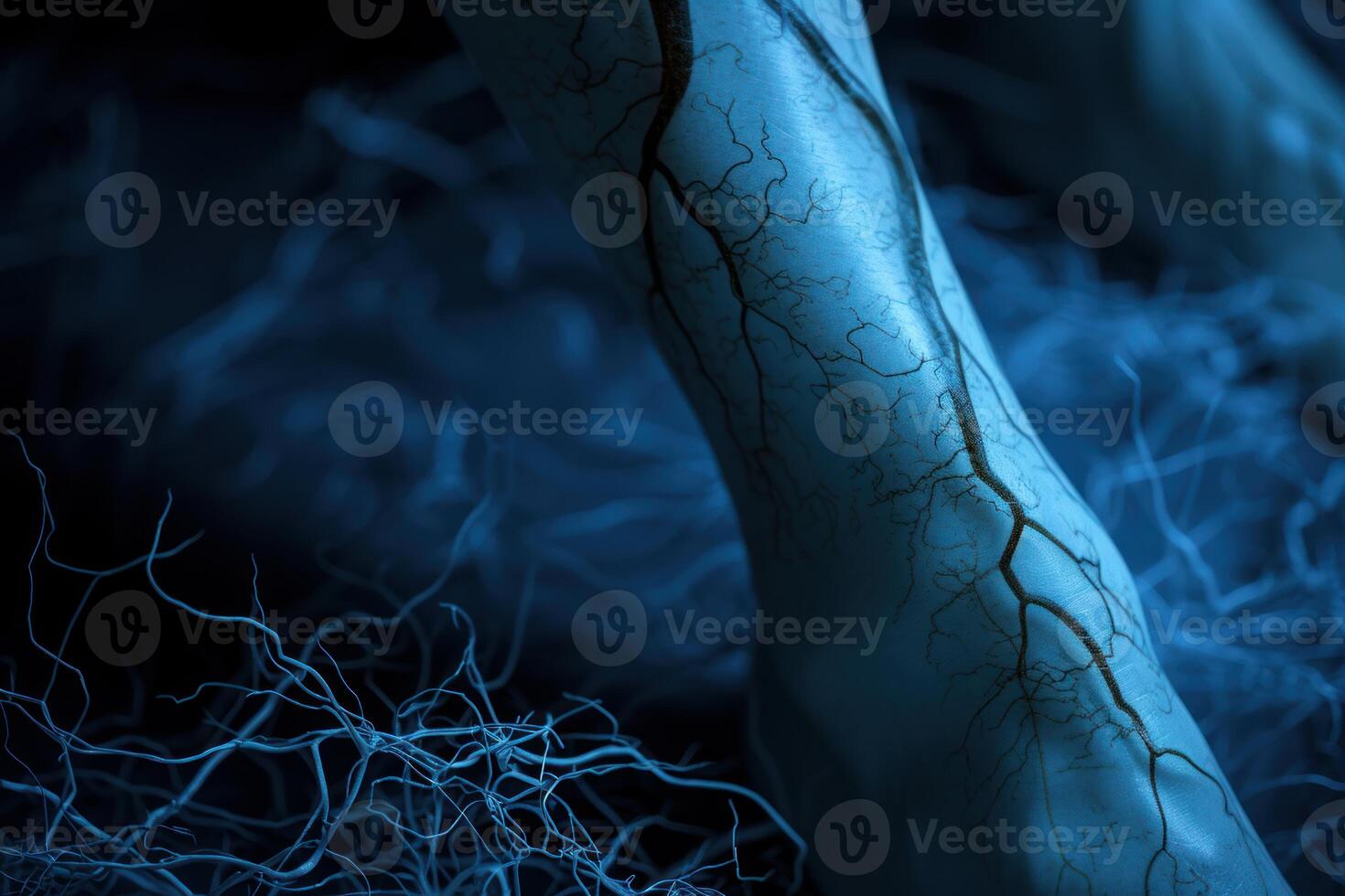 Close-up of intricate blue vascular structures resembling natural veins or roots photo