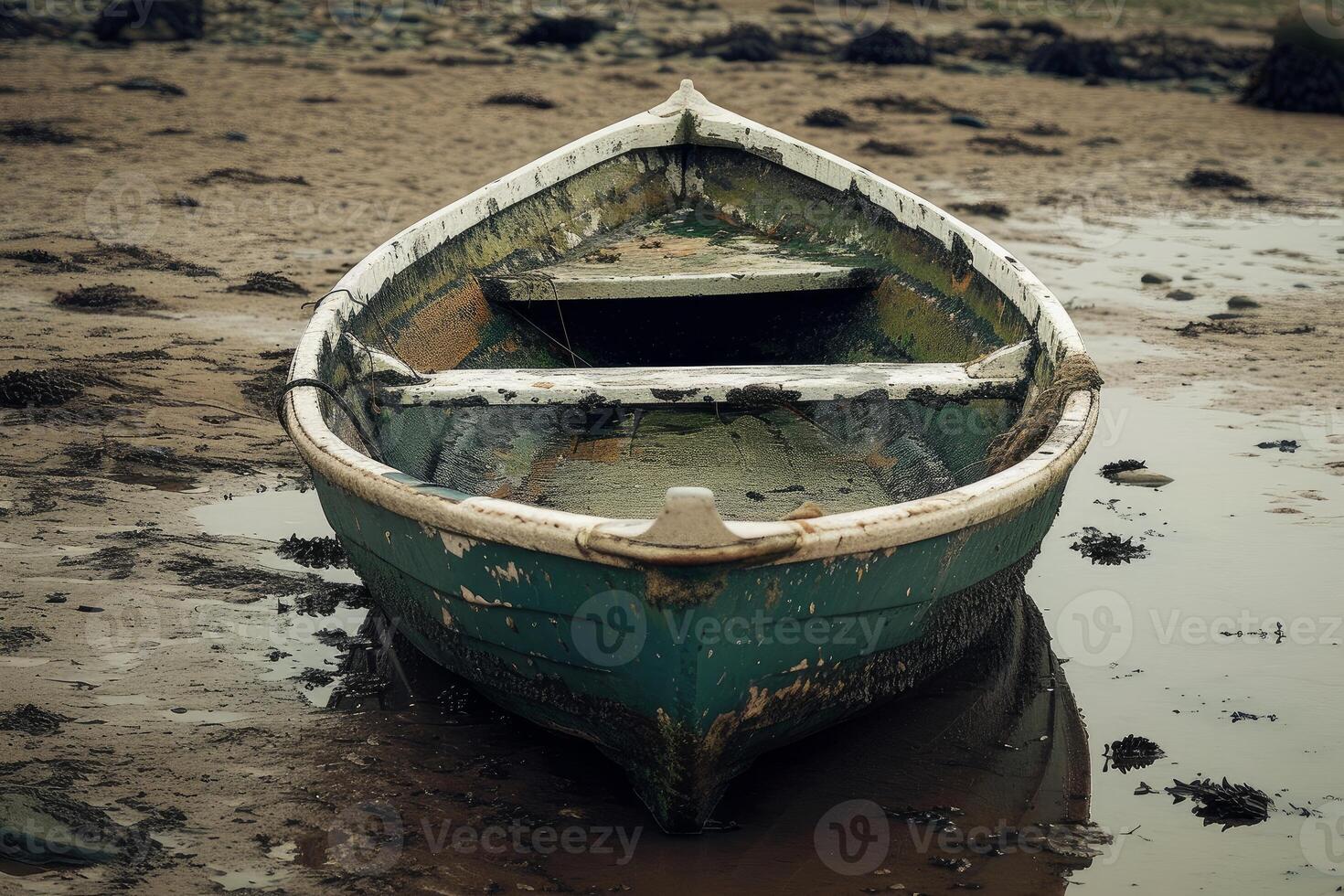 Weathered rowboat on shore at low tide photo