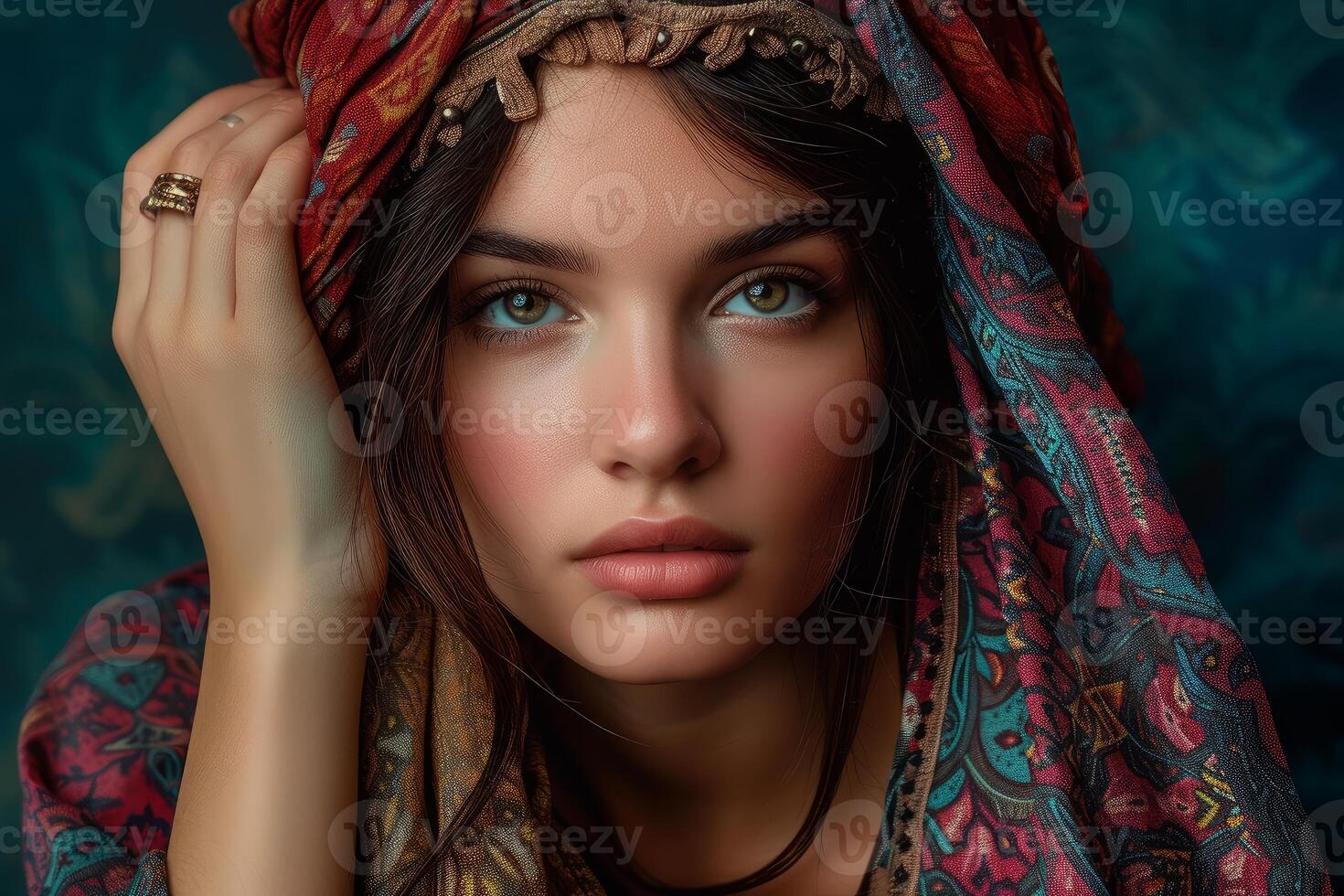 Enigmatic beauty in colorful headscarf photo
