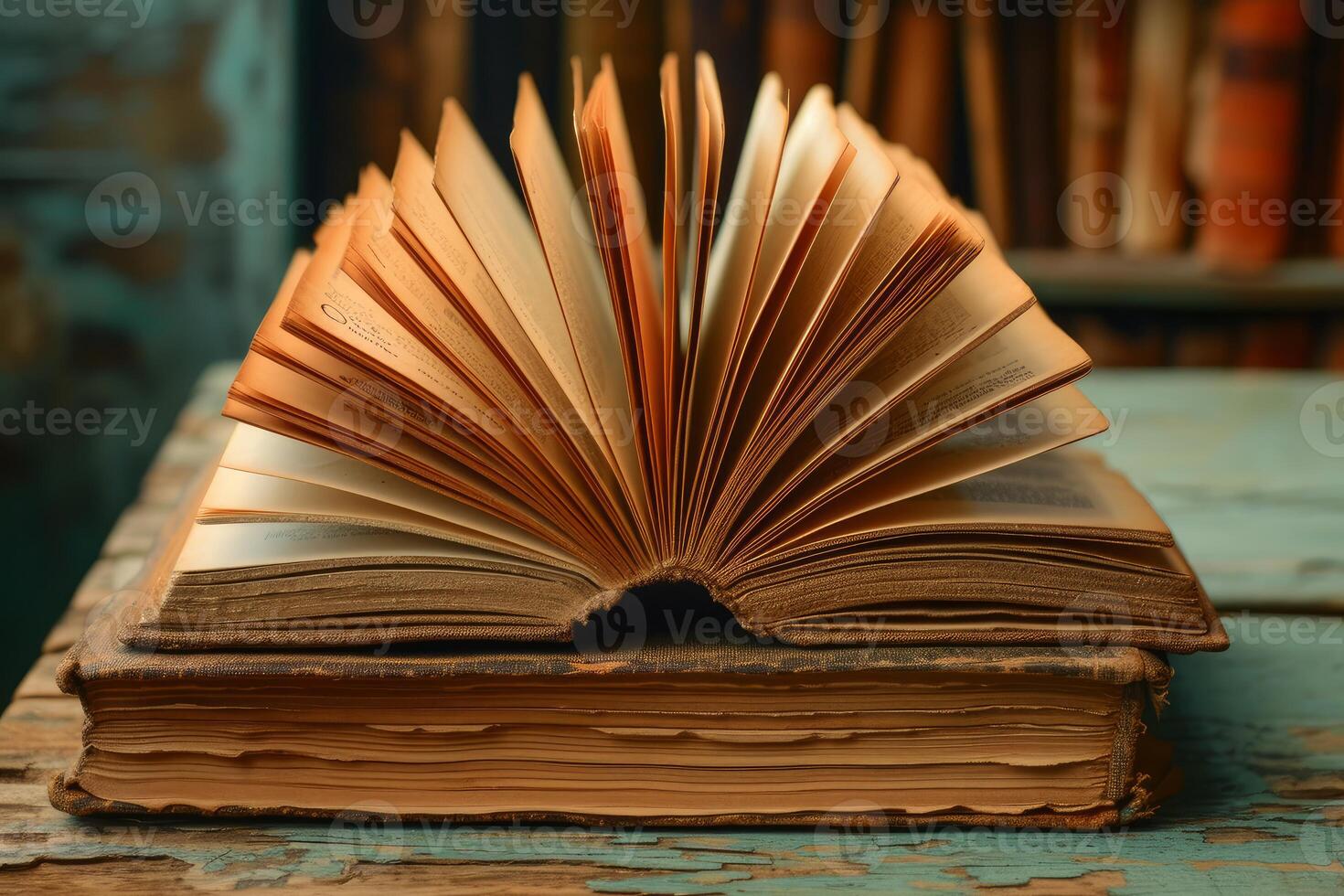 Open vintage book on wooden table photo