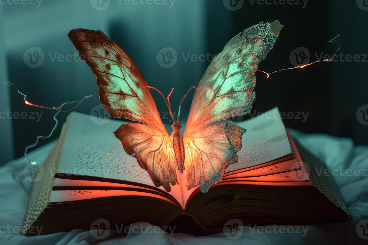 Magical butterfly on open book with light photo