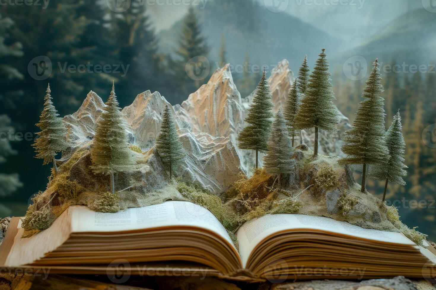 Artistic diorama of a miniature forest landscape set within the pages of an open book photo