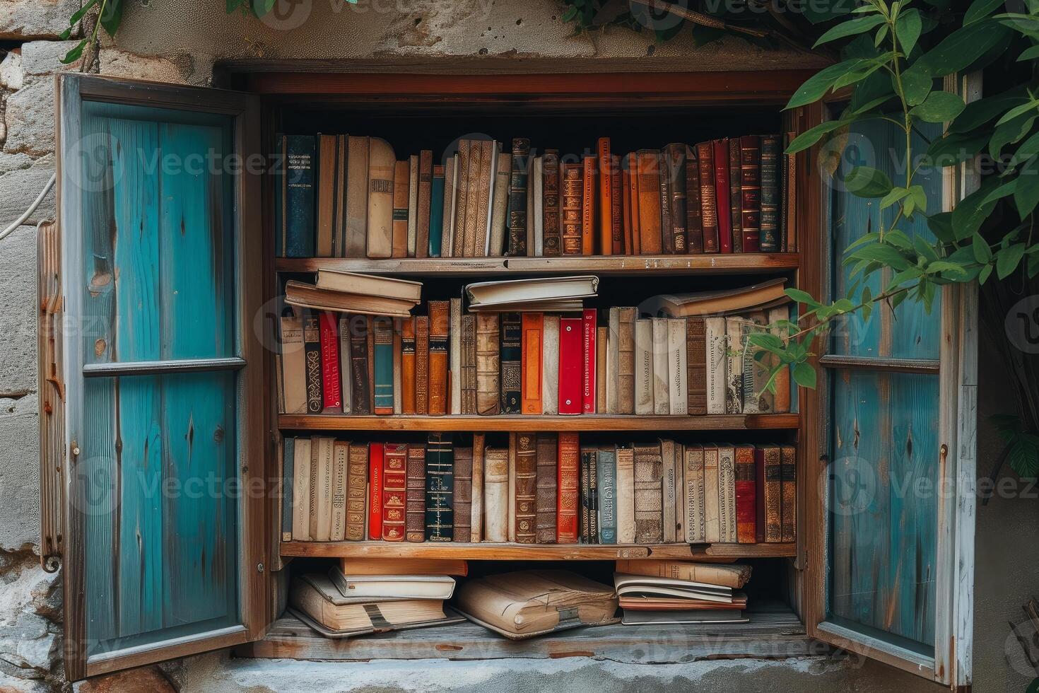 Rustic outdoor bookshelf overflowing with old books photo