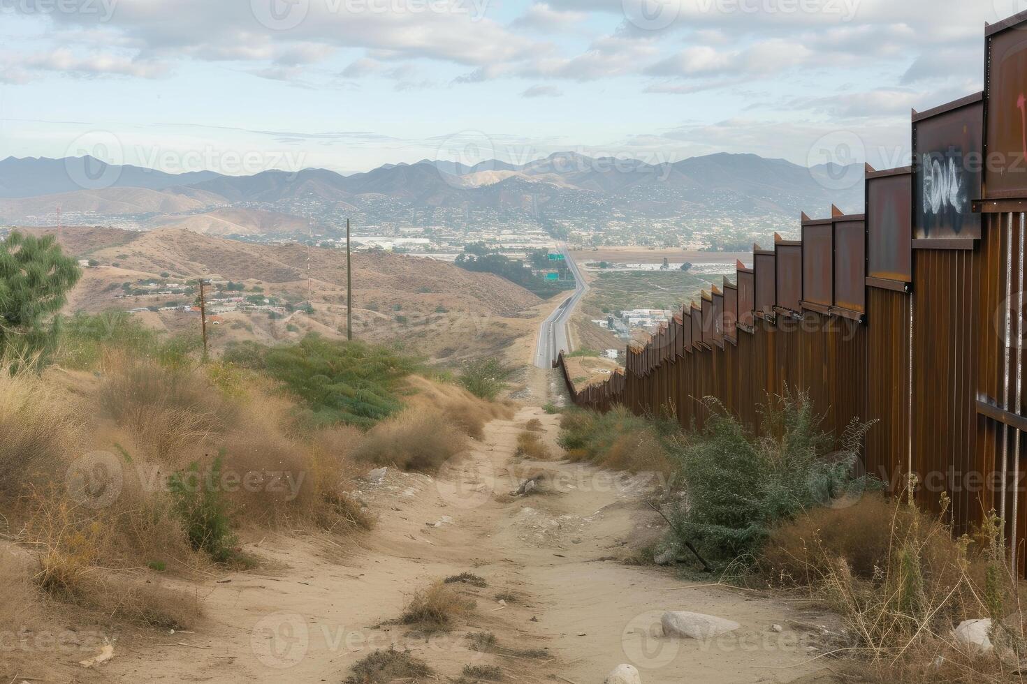 Border fence landscape with distant mountains photo