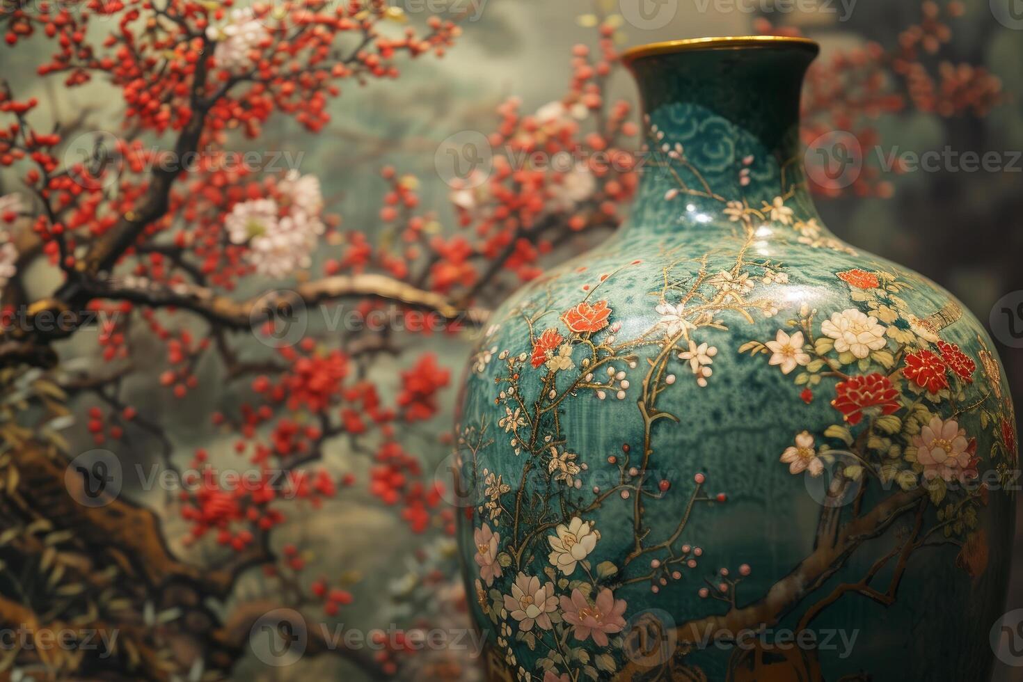 Antique vase with floral patterns and autumn berries photo