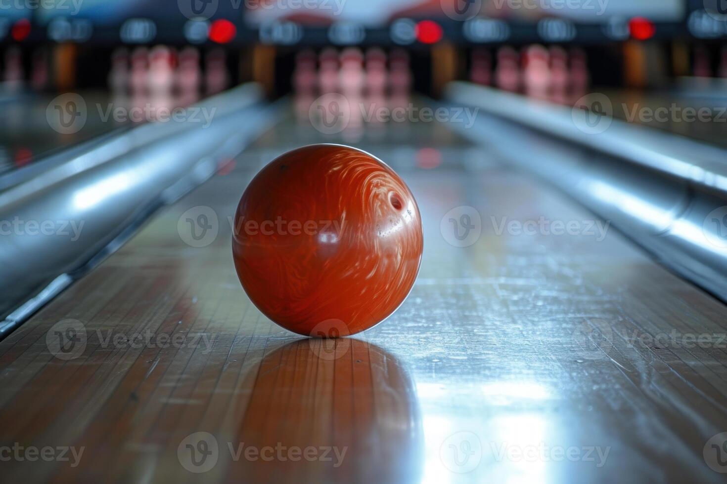 Striking bowling ball on glossy lane photo