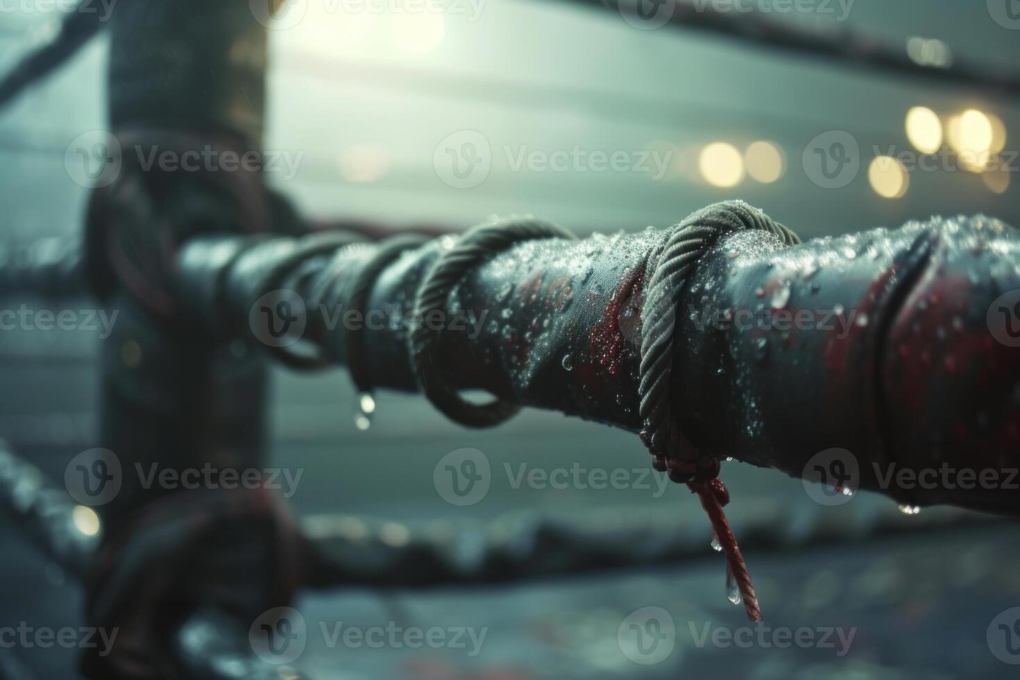 Bloodied boxing ring rope shrouded in mist photo