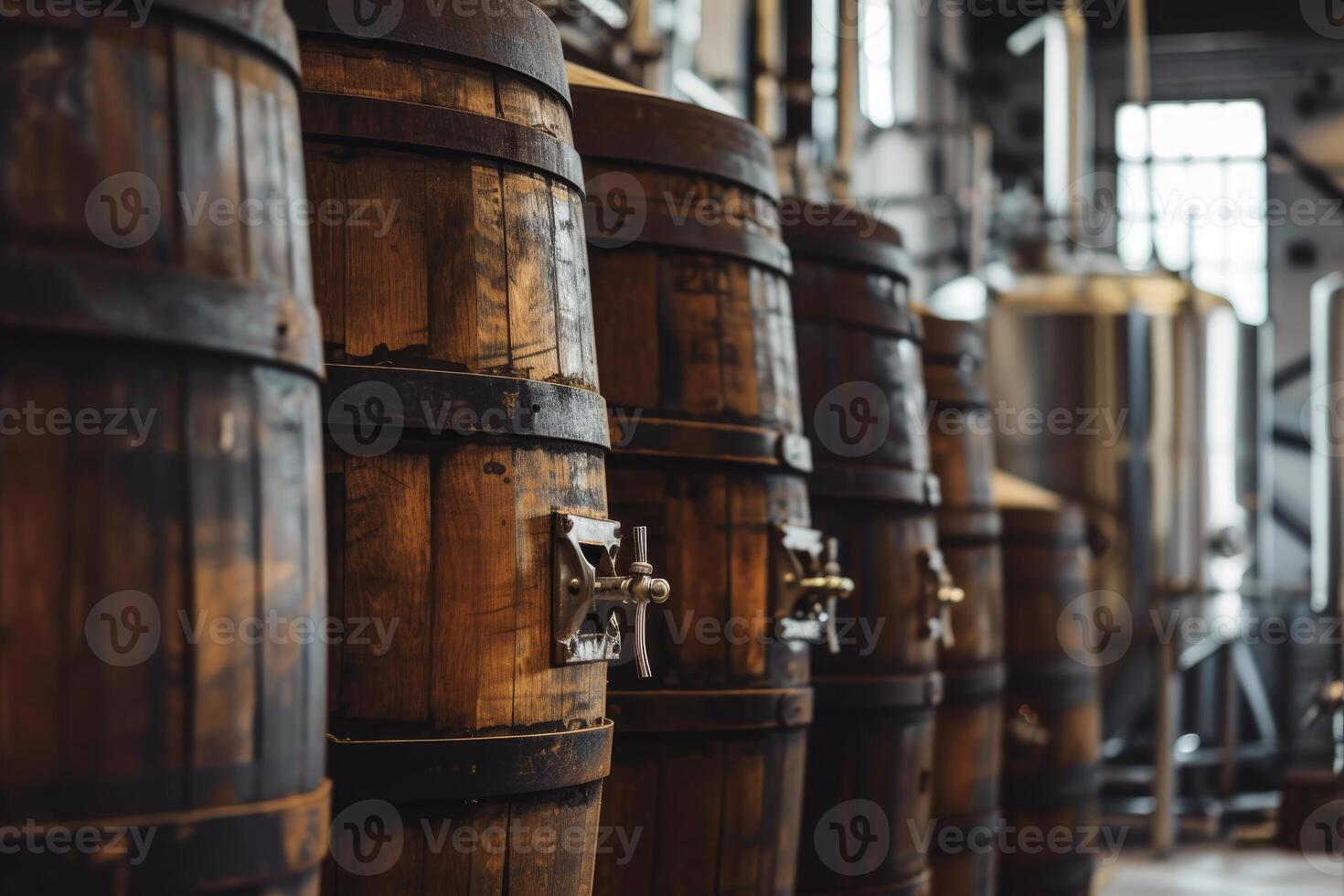 Traditional wooden beer barrels in brewery photo