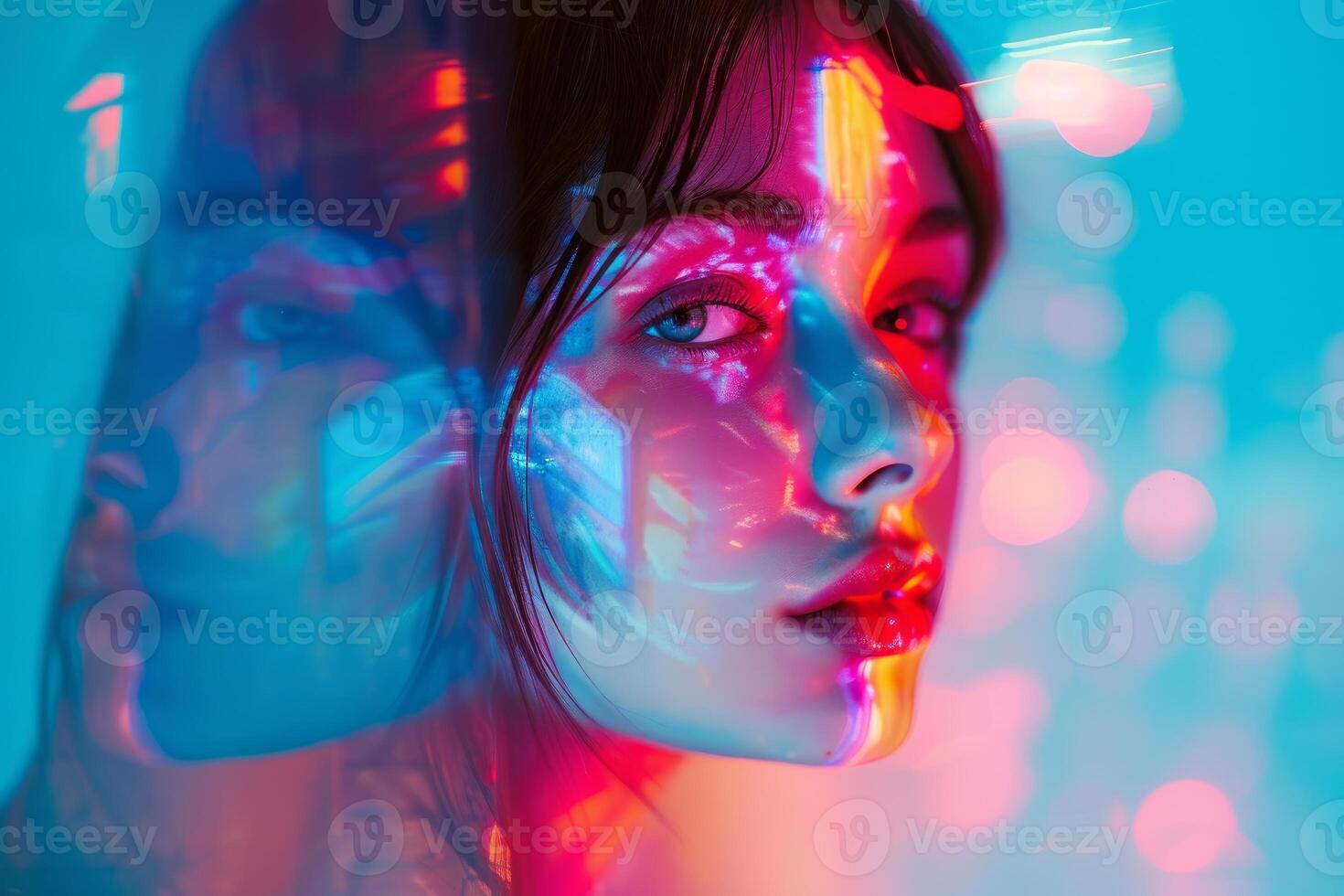 Futuristic neon portrait with double exposure effect photo