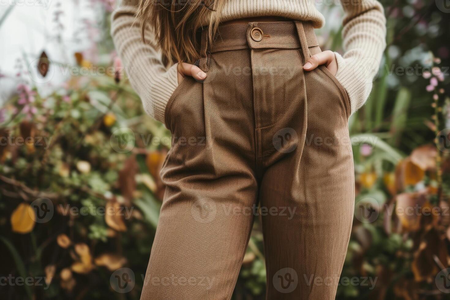 Close-up of trendy brown trousers with a cozy knit sweater in a garden setting photo