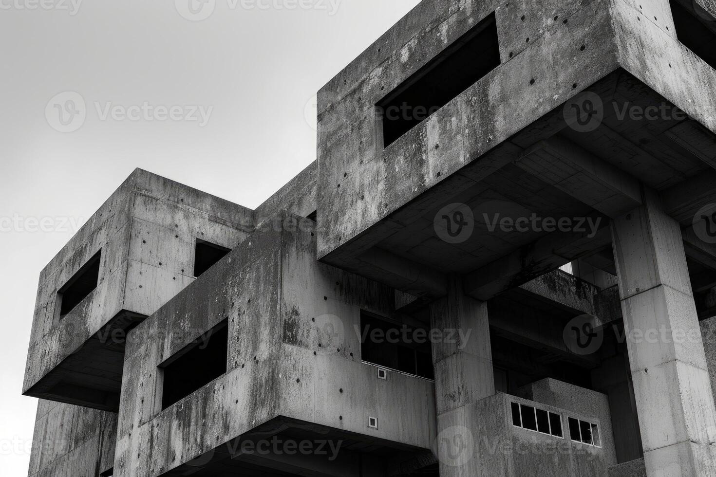 Black and white image showcasing the stark angles and form of brutalist concrete architecture photo