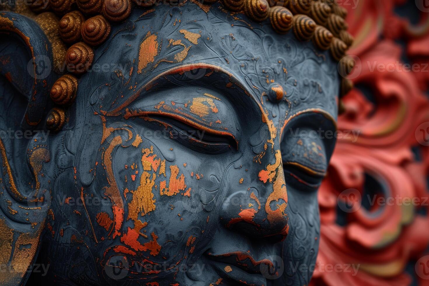 Close-up detail of an ancient buddhist statue with intricate patterns, showcasing cultural art photo
