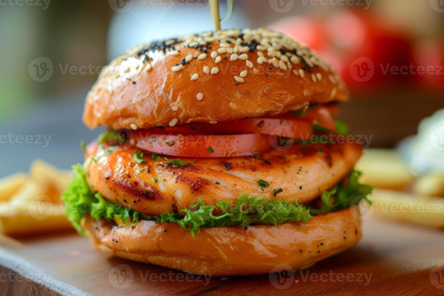 Gourmet grilled chicken burger with fries photo